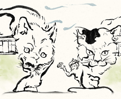 犬と猫の神社のイラスト